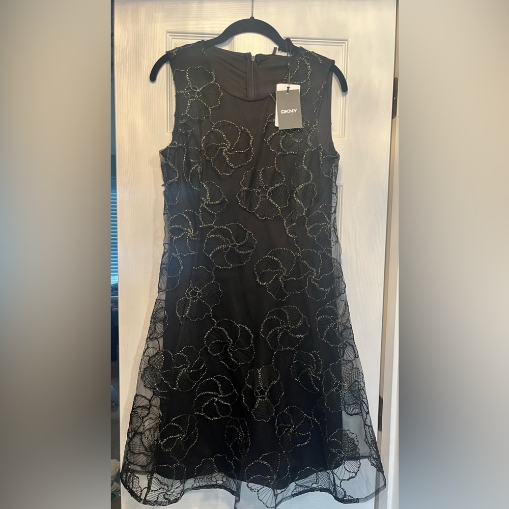 DKNY Black Zippered Metallic Sheer Lined Floral Sleeveless Dress, BlacK, 10, 139